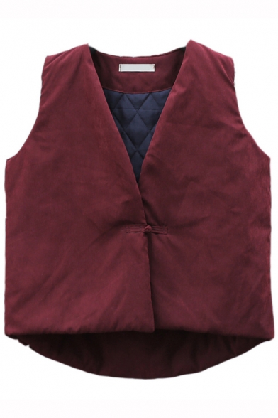 Simple Womens Vest Solid Color Deep V-neck Sleeveless Frog Button Relaxed Vest