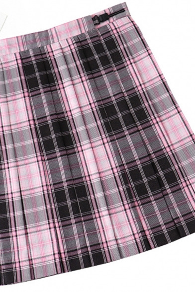 Stylish Women's Skirt Plaid Pattern Invisible Zip High Waist Pleated Detailed Mini Skirt