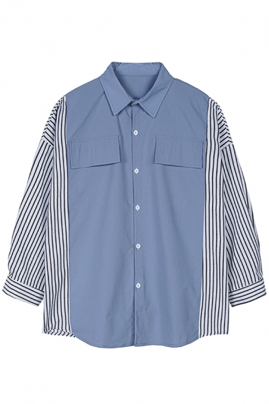Trendy Shirt Stripe Printed Long Sleeve Spread Collar Patched Button Up Relaxed Fit Shirt Top for Men