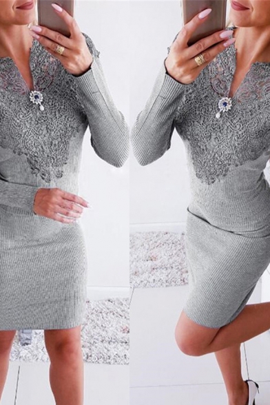 Trendy Women's Bodycon Dress Patchwork Lace Mesh Notched Collar Ribbed Knit Long Sleeve Mini Bodycon Dress