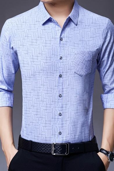 Vintage Mens Shirt Cross Line Pattern Chest Pocket Button up Spread Collar Slim Fit Long Sleeve Shirt