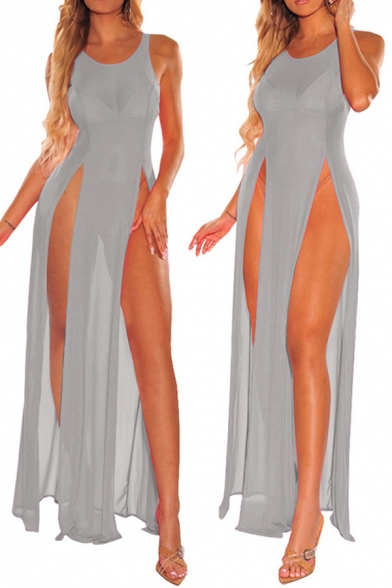 Womens Dress Trendy Solid Color See-Through Mesh High Slit Maxi Round Neck Sleeveless Beach Dress