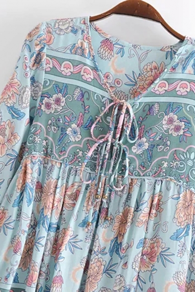 Womens Ethnic Dress Floral Patterned Long Sleeve V-neck Tied Front Short Swing Dress