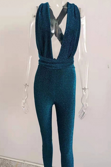 Womens Jumpsuit Creative Bright Silk Tie Detail Cross Backless Deep V Neck Sleeveless Slim Fit Bodysuit