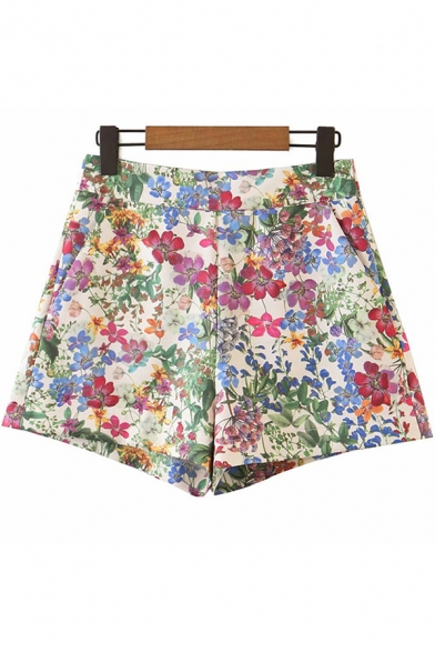 Womens Summer Shorts Floral All Over Print High Rise Relaxed Fit Shorts in Green