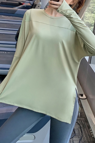 Womens T-Shirt Athletic Plain Color Side Split Thumb Holes Loose Fit Round Neck Long Sleeve Yoga T-Shirt