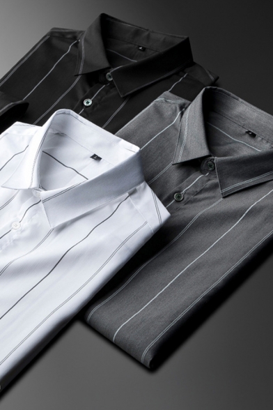 Basic Shirt Contrast Stripes Printed Button Closure Long Sleeve Slim Spread Collar Shirt for Men