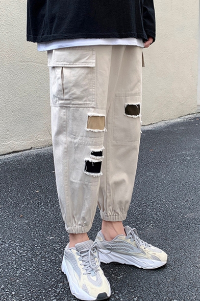 Cool Boys Pants Flap Pockets Patched Mid Waist Ankle Tapered Fit Cargo Pants