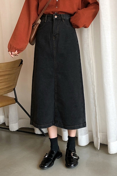 Edgy Women's Skirt Solid Color High Waist High Rise Slant Pocket Midi A-Line Skirt