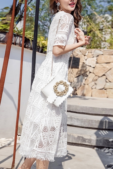 Elegant Women's A-Line Dress Broderie Detail Lace Trim Half Sleeve Midi A-Line Blouse Dress