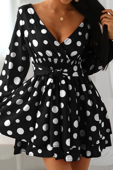 Fancy Women's A-Line Dress All over Polka Dot Stringy Selvedge Embellished Tie Front Long Sleeve Tiered Mini A-Line Dress