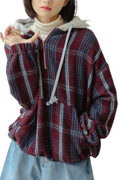 Fancy Women's Hoodie Plaid Print Front Pocket Patchwork Long Sleeve Banded Cuffs Zip Front Drawstring Hooded Sweatshirt
