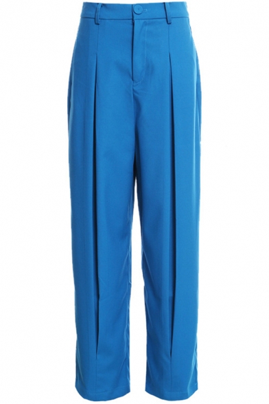Fashion Girls Pants Solid Color High Rise Pleated Long Length Straight Pants in Blue