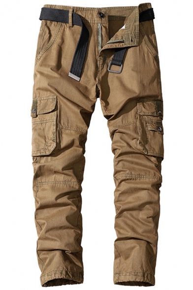 Fashionable Men's Pants Solid Color Flap Pocket Zip Fly Mid Waist Long Cargo Pants
