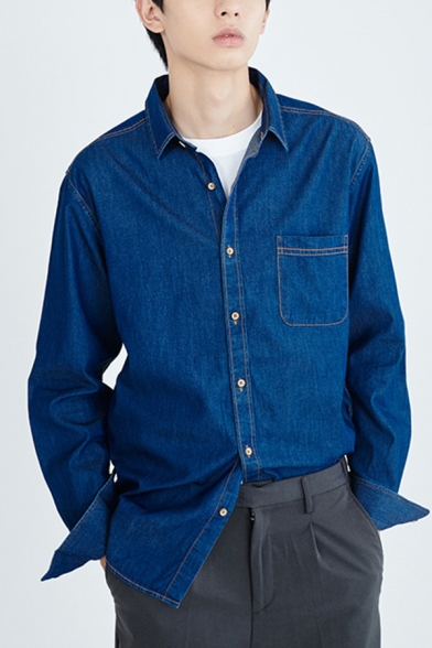 Fashionable Mens Jacket Contrast Topstitching Chest Pocket Purified Cotton Point Collar Long Sleeve Slim Denim Shirt