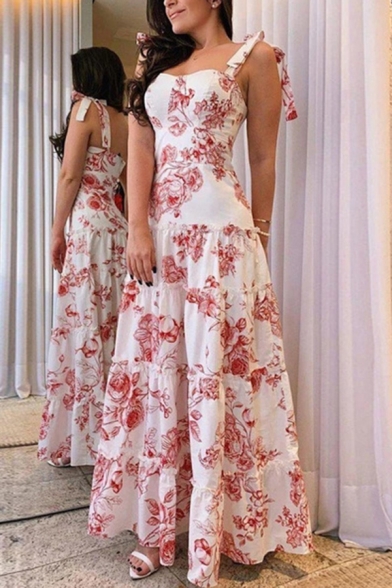 Fashionable Womens Dress Allover Floral Printed Tied Shoulder Ruffled Hem Maxi A-line Tank Dress