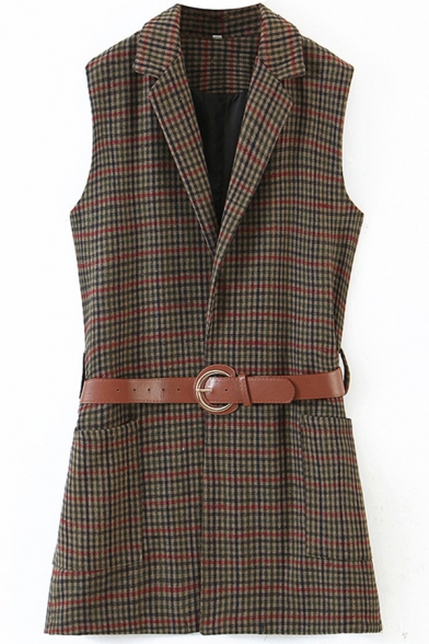 Formal Womens Vest Plaid Print Sleeveless Notched Collar Belted Waist Regular Vest in Brown