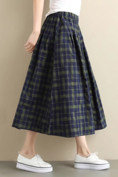 Girls Casual Elasticated-Waist Plaid Pattern Linen Loose Midi Skirt