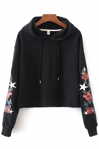 Long Sleeve Floral Embroidered Leisure Drawstring Hoodie