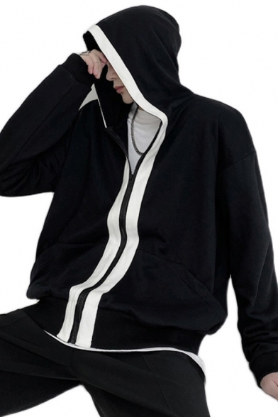 Mens Cool Hooded Sweatshirt Contrast Placket Zipper Fly Pockets Gathered Cuffs Loose Long Sleeve Hooded Sweatshirt