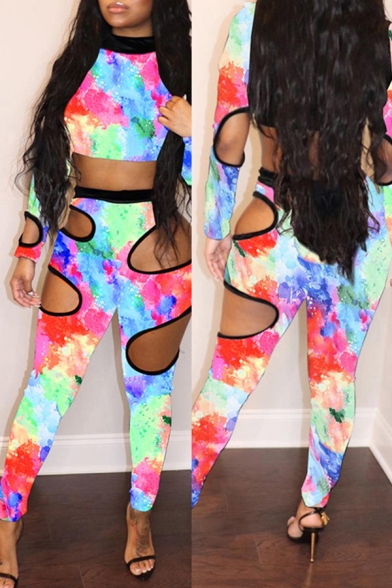 Pretty Womens Co-ords Tie Dye Printed Cut Out Long Sleeve Mock Neck Crop Tee & Pants Set in Red