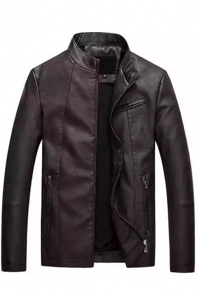 Retro Men's Jacket PU Leather Solid Color Zip Fly Long Sleeve Stand Collar Long Sleeve Regular Fitted Leather Jacket