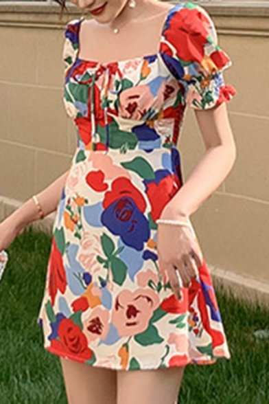 Stylish Women's A-Line Dress Floral Print Short Puff Sleeve Regular Fitted Mini A-Line Dress
