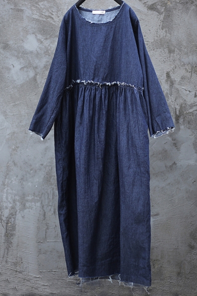 Stylish Womens Dress Raw Edgy Long Sleeve Round Neck Maxi Oversize Dress in Denim Blue