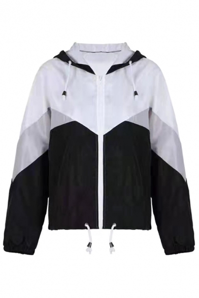STORTO Womens Color Block Windbreaker Drawstring Hooded Zip Up Sports Jacket Lightweight Windproof Coats 