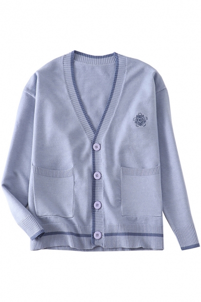 Trendy Women's Cardigan Contrast Stripe Ribbed Trim Front Pocket Button Fly Long Sleeve Regular Fitted Cardigan