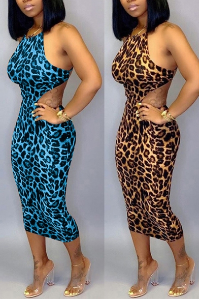 Womens Dress Creative Leopard Skin Print Cut out Cross Backless Spaghetti Strap Sleeveless Midi Bodycon Dress