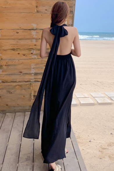 Womens Dress Stylish Solid Color Chiffon Double Slit Front Maxi Sleeveless Tie-Halter Deep V Neck Black Beach Dress