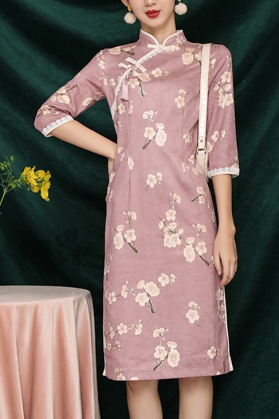 Womens Elegant Cheongsam Dress Floral Printed Frog Buttons Side Splits Mandarin Collar Slim 3/4 Sleeve Knee Length Dress