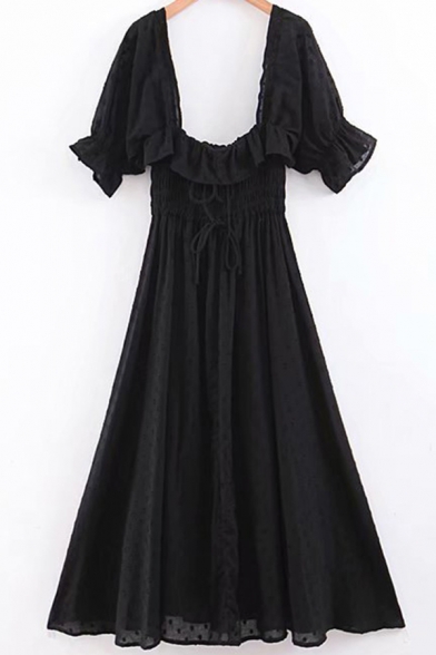 Womens Gorgeous Dress Short Sleeve Square Neck Midi Pleated A-line Dress in Black
