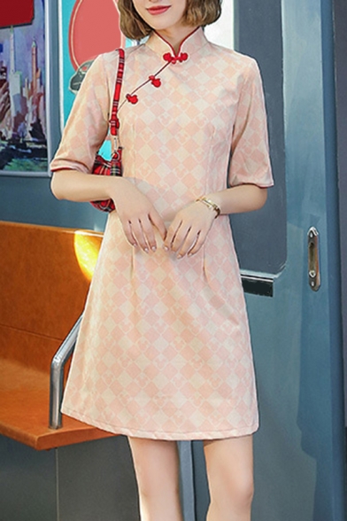 Womens Trendy Cheongsam Dress Rhombus Printed Suede Contrast Trim A-Line Slim Fitted Short Sleeve Mandarin Collar Mini Dress