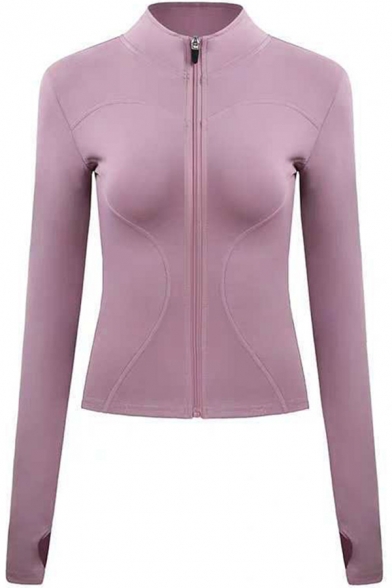 Womens Yoga Jacket Athletic Solid Color Quick Dry Zipper down Skinny Fit Long Sleeve Stand Collar Jacket