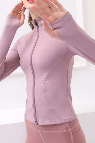 Womens Yoga Jacket Athletic Solid Color Quick Dry Zipper down Skinny Fit Long Sleeve Stand Collar Jacket