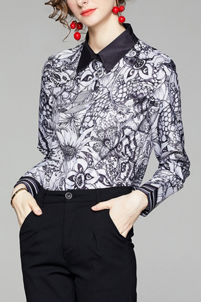 Work Womens Shirt Allover Floral Print Long Sleeve Spread Collar Regular Fit Shirt in Black