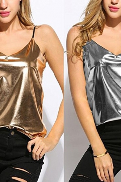 Amazing Girls Cami Metallic V-neck Spaghetti Straps Loose Cami Top in Silver