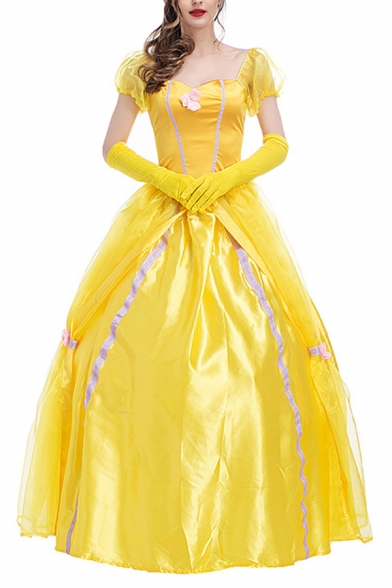 Amazing Yellow Dress Puff Sleeve Sweetheart Neck Contrasted Maxi Swing Dress with Glove