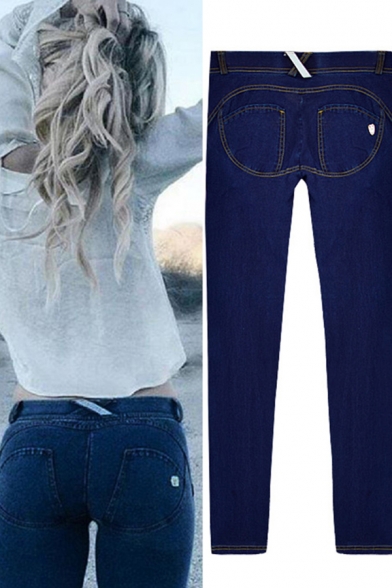 Basic Jeans Creative Peach Butt Stretch Low Waist Zipper Fly 7/8 Length Pencil Jeans in Dark Blue