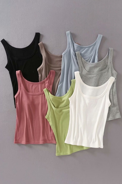 Casual Womens Tank Solid Color Scoop Neck Slim Fitted Tank Top