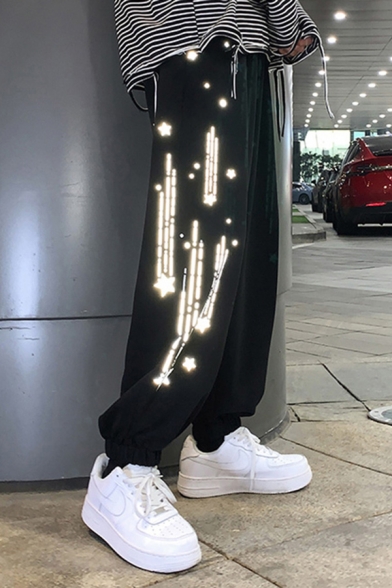 Chic Mens Pants Reflective Falling Star Pattern Thickened Cuffed Drawstring Waist Full Length Relaxed Fit Tapered Sport Pants