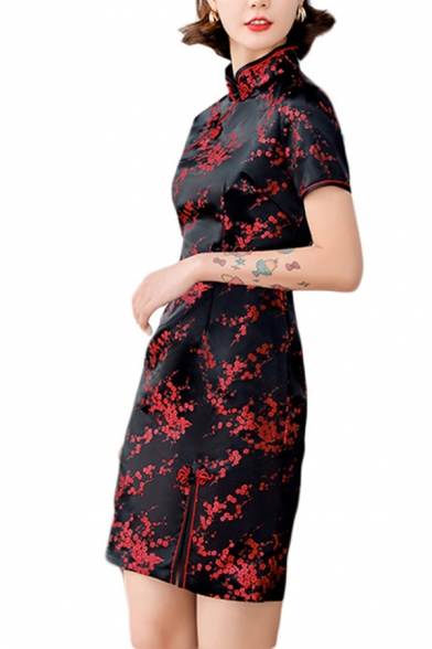 Chic Womens Dress Floral Pattern Frog Button Split Detail Mandarin Collar Short Sleeve Mini Cheongsam Dress