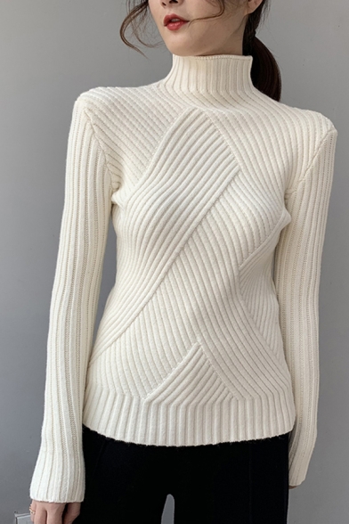 Chic Womens Sweater Solid Color Knitted Long Sleeve High Neck Slim Fit Sweater Top
