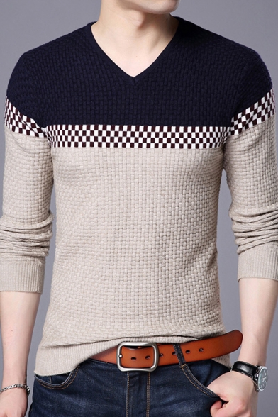 Classic Mens Sweater Contrast Checkered Pattern Slim Fitted V Neck Long Sleeve Sweater