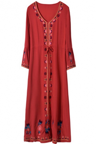 Classic Women's A-Line Dress Tribal Floral Embroidered Drawstring Waist Long Flare Cuff Sleeve V Neck Long A-Line Dress
