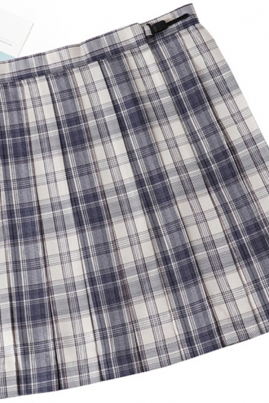Fancy Women's Skirt Plaid Print Invisible Zip High Waist Pleated Design Regular Fitted Mini Skirt