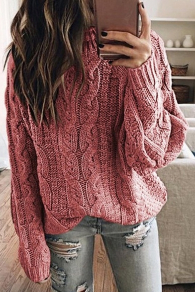 Fancy Women's Sweater Heathered Cable Knit Ribbed Trim Long Sleeve Regular Fitted Sweater