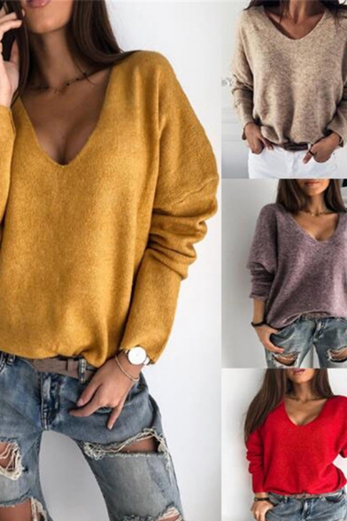 Fancy Women's Sweater Solid Color V Neck Long Sleeves Regular Fitted Pullover Sweater